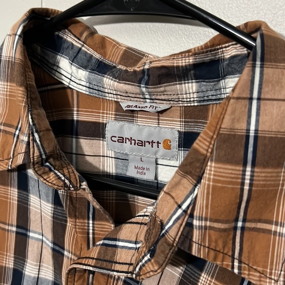 Carhartt Earth Tone Brown Plaid Short Sleeve Button Down Shirt Relaxed Fit L - Picture 3 of 4
